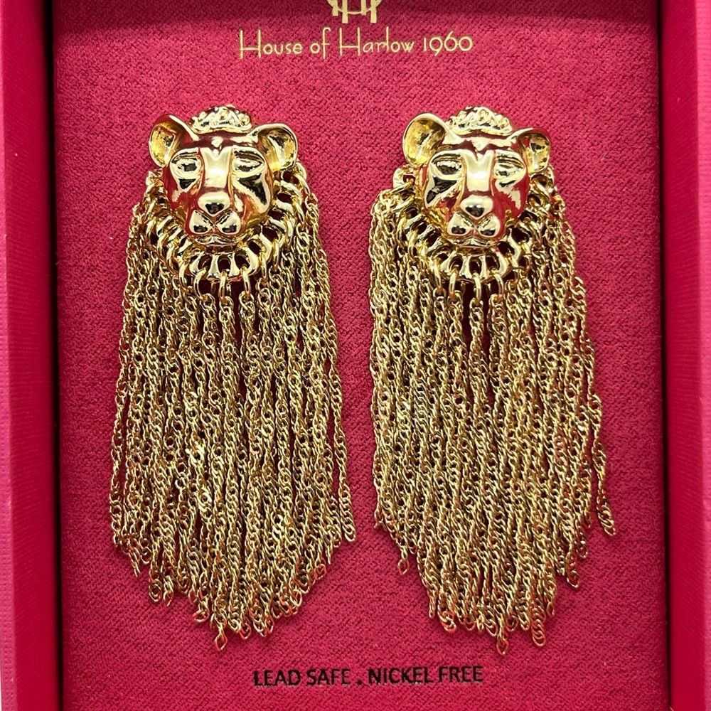 House of Harlow 1960 GoldTone Lion Head Fringe Chain Statement Earrings 2.5” NIB